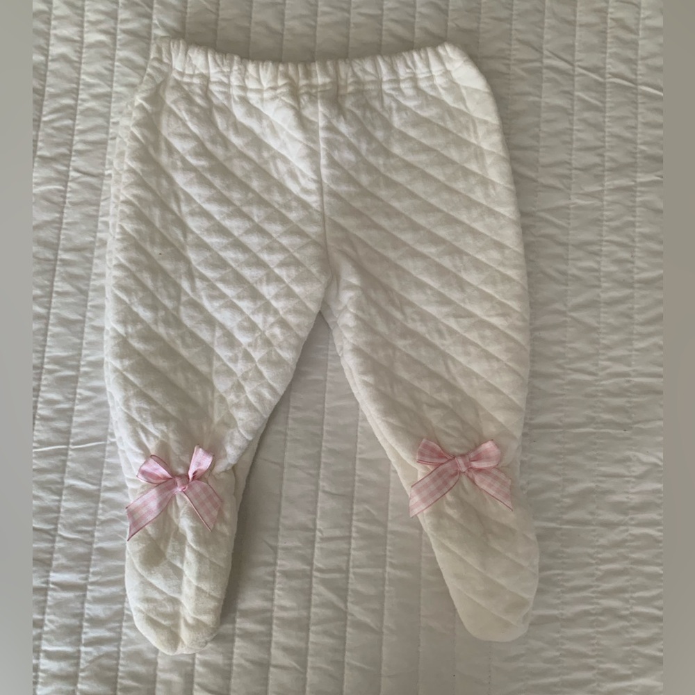 Vintage Quilted Baby Footies Pants Girls Size 3-6 Months Cream Pink Gingham Bows